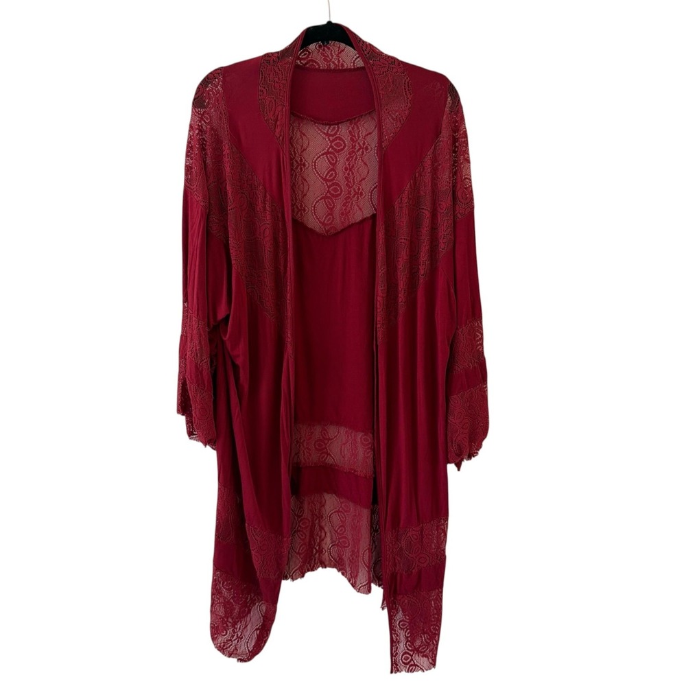 POL Lace Open Front Cardigan Womens L Burgundy Red Sheer Boho Kimono Duster
